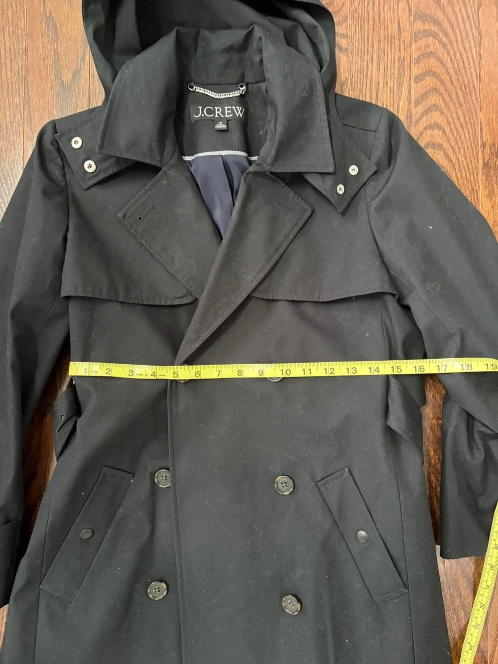 J. Crew woman’s  Black Double-Breasted Hooded Trench Coat size 12P